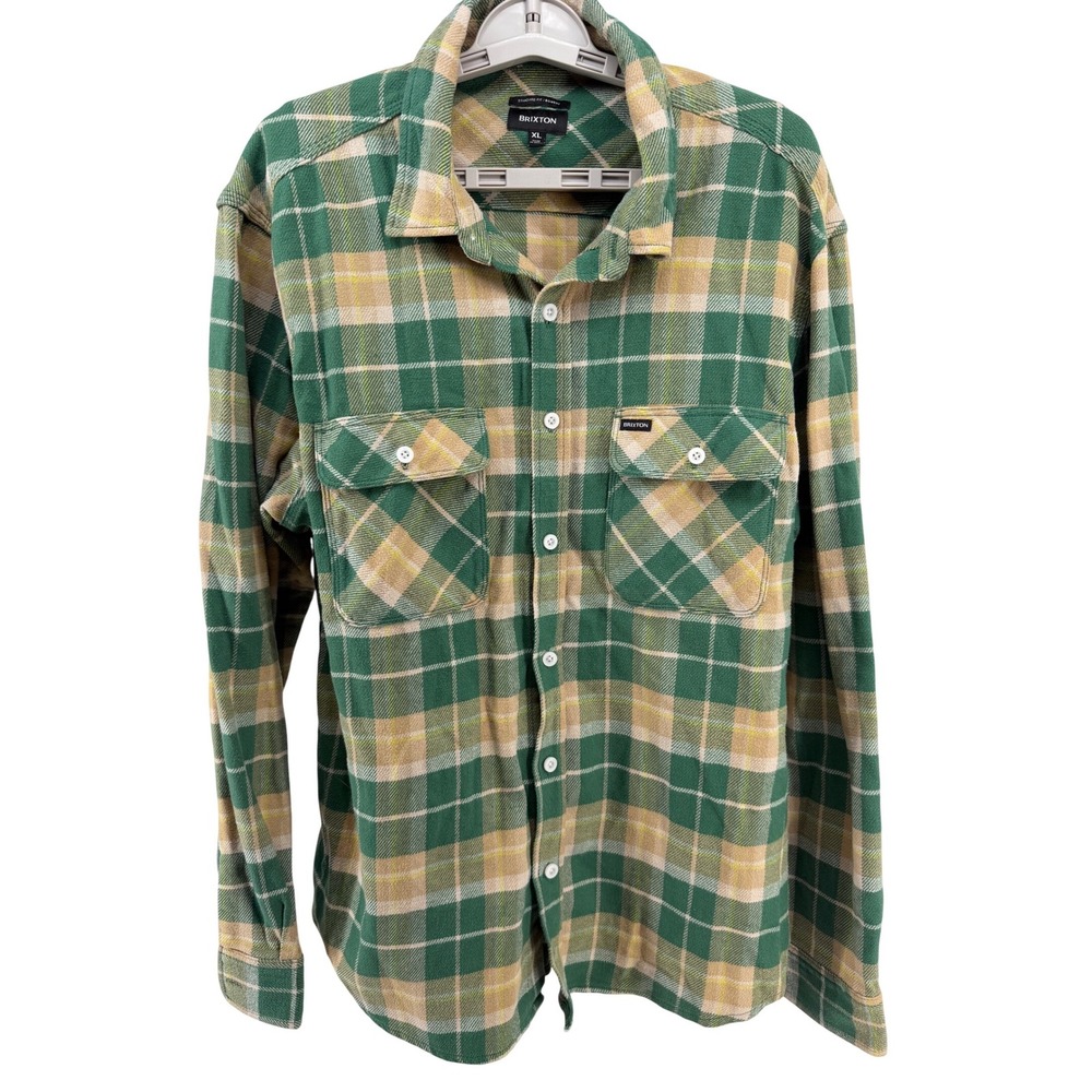Brixton Bowery Flannel Shirt Mens XL Green Brown Plaid Long Sleeve Button Up